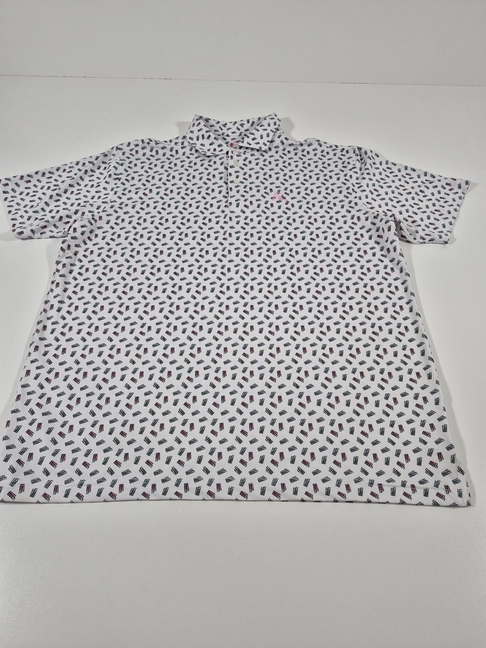 Rhoback Polo Shirt AOP Mens XL White Drink Print Golf Performance Stretch Jersey